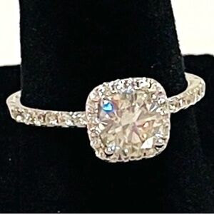 1 ct Cert Moissanite Cushion Diamond Halo Ring. White Gold Over Silver. Size 7